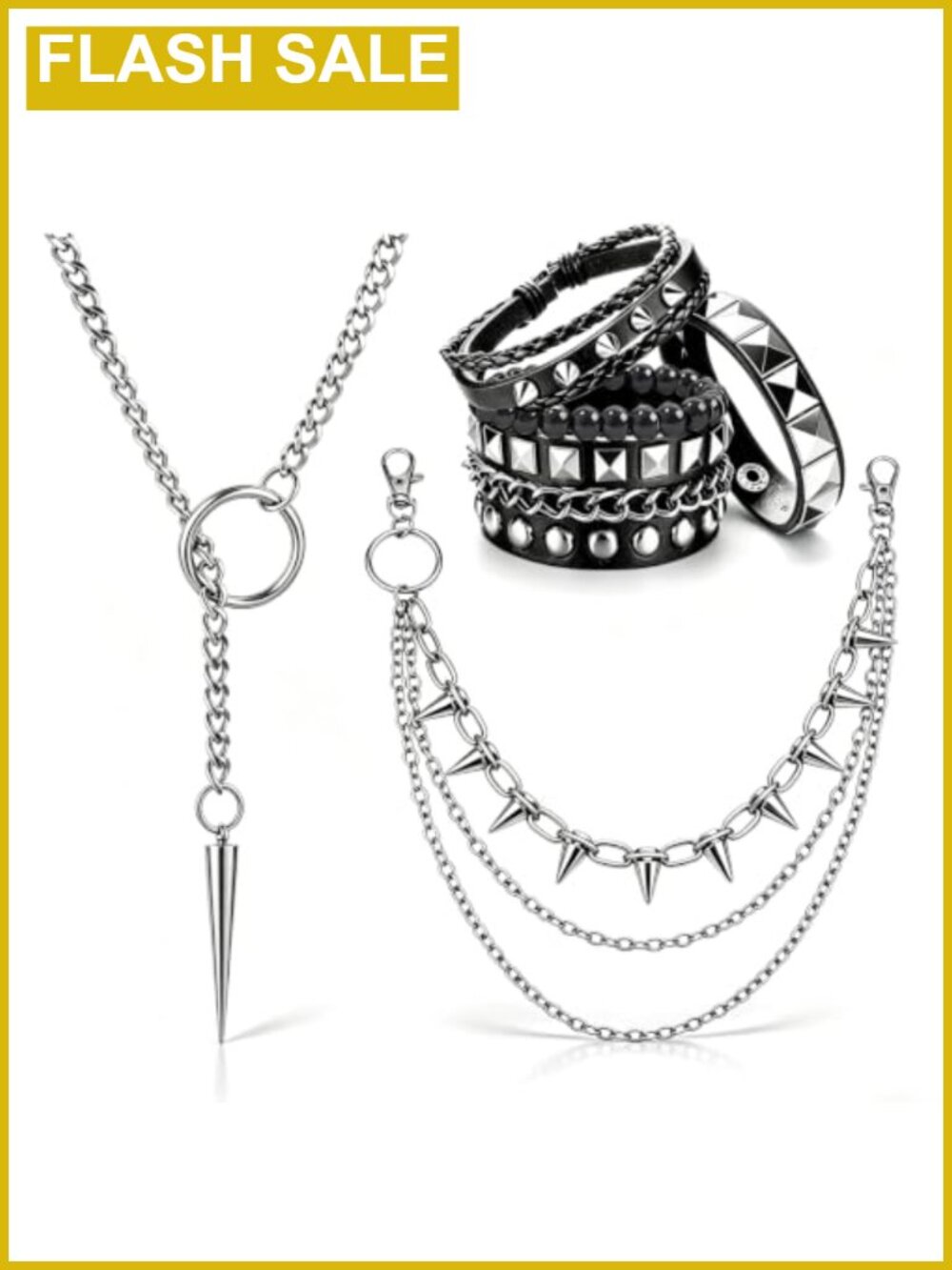 Punk Jewelry Set Studded Bracelets Necklace Pants Chain Alloy Metal PU Leather